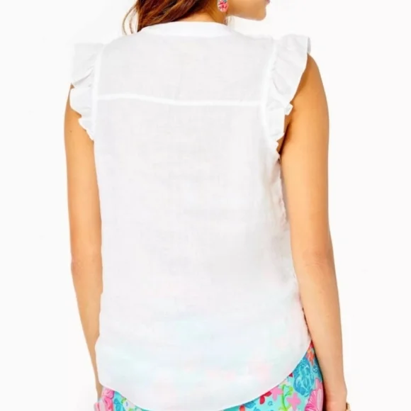 Lilly Pulitzer Briette Button Down Top Size Small Resort White 100% Linen Ruffle - Picture 4 of 12